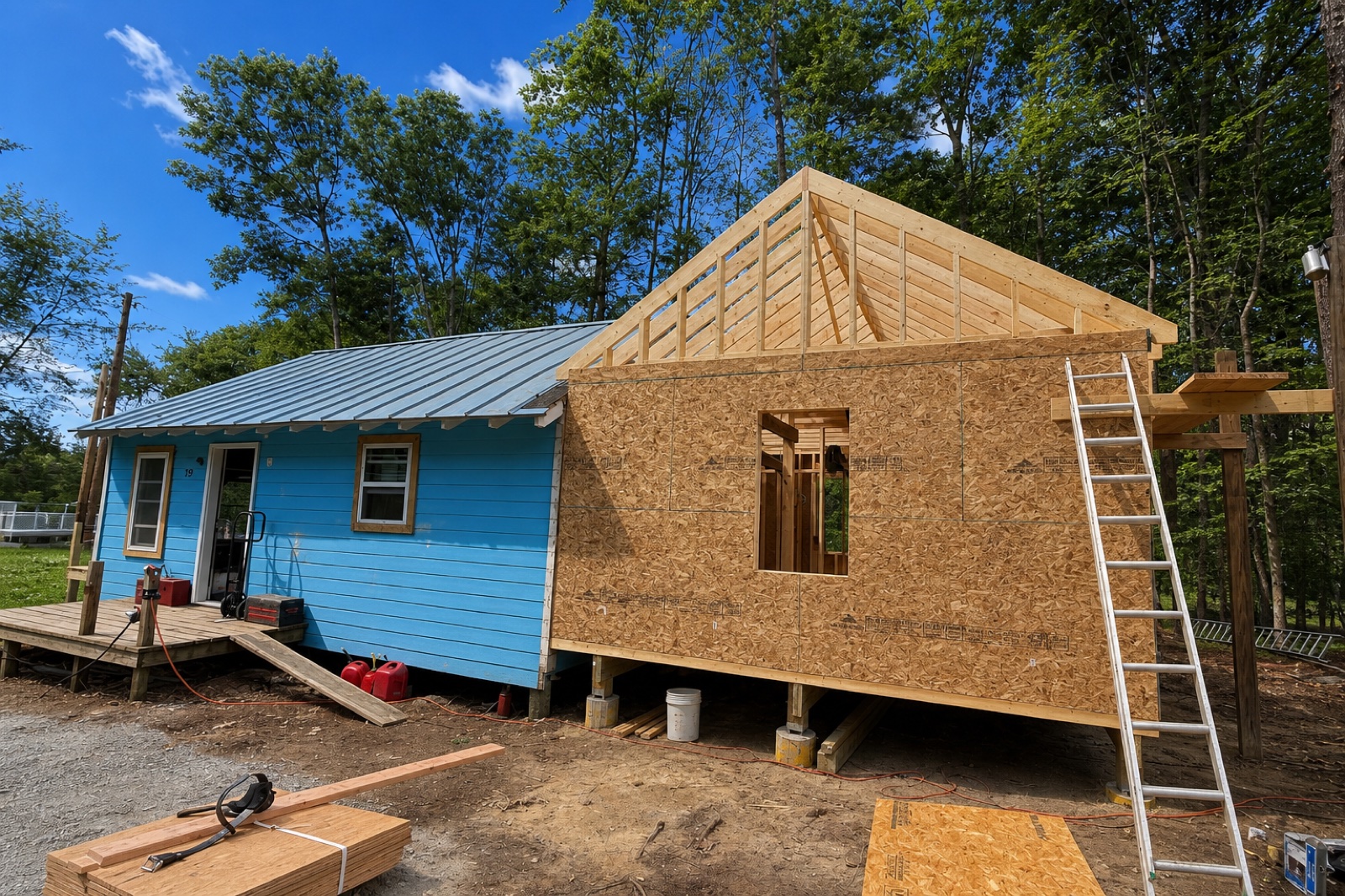 Wide view of cabin 19 with OSB addition sheathing, ladder, and pier foundation