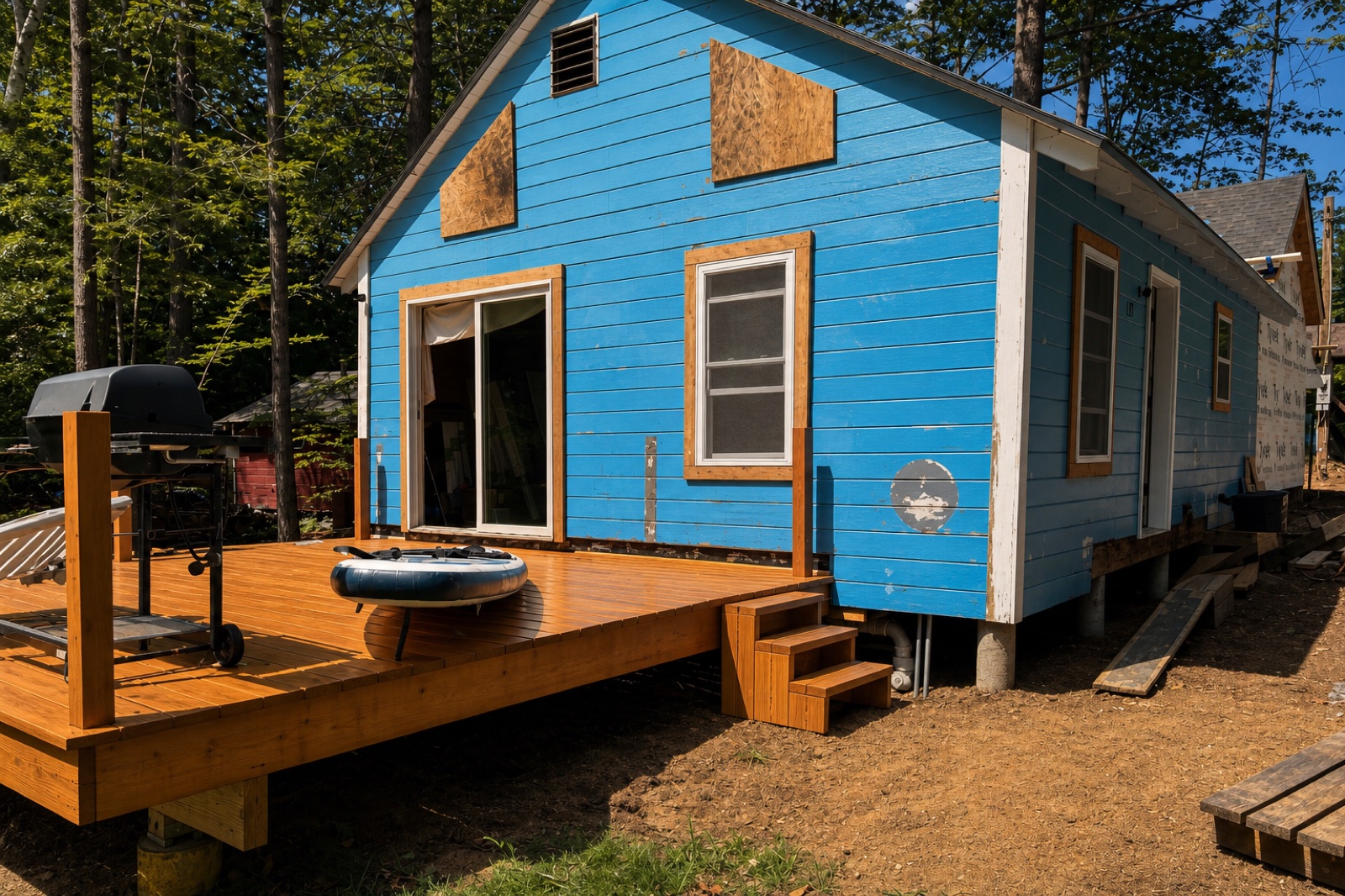 New stained wood deck on the blue Canterbury cabin with grill and paddleboard