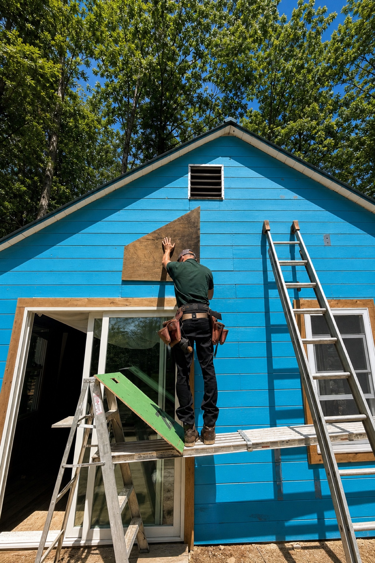 Jeff on scaffolding working the blue cabin exterior with tool belt and ladders