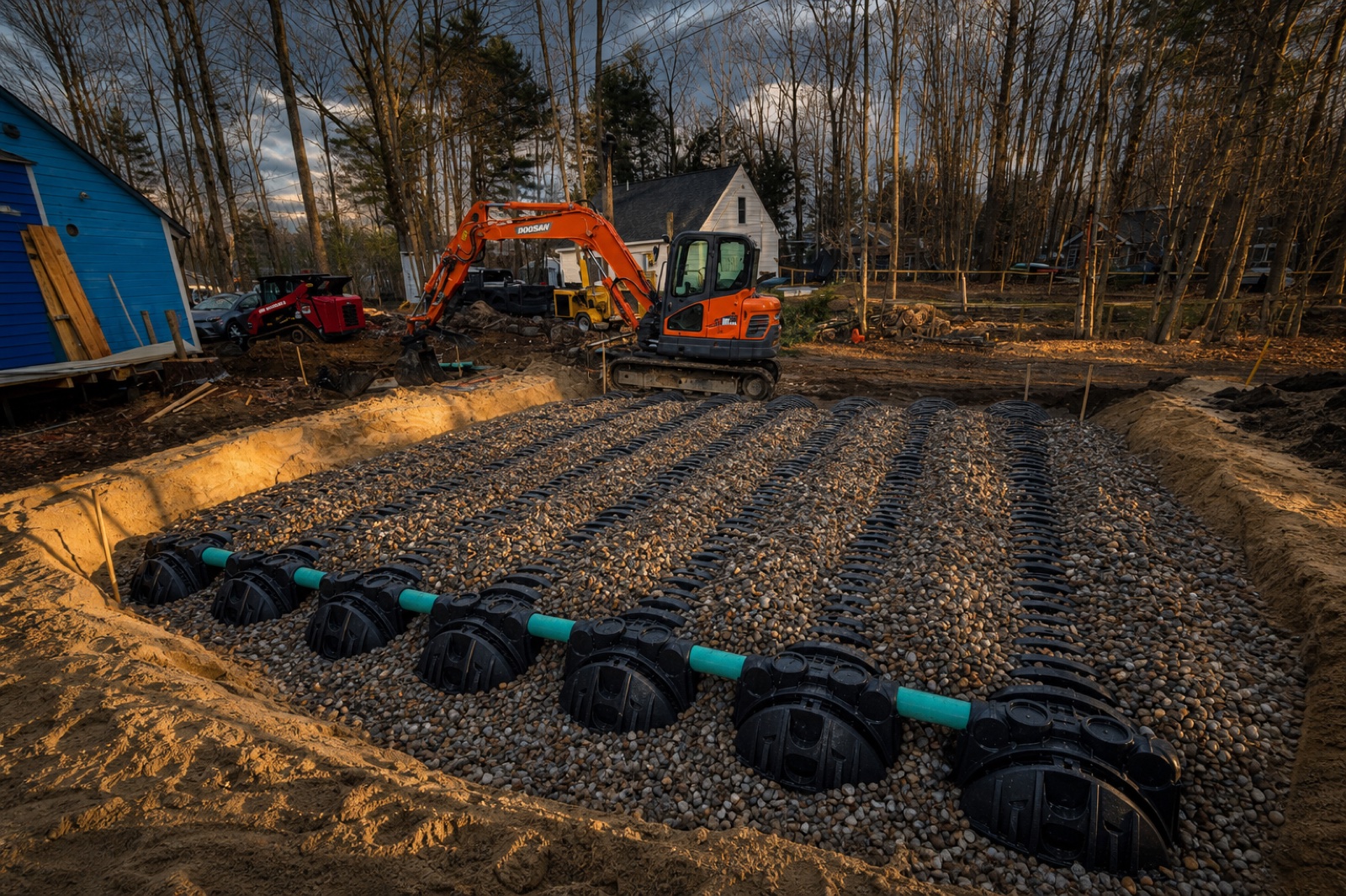 Septic leach field install at the Canterbury cabin — chambers, gravel bed, and excavator on site