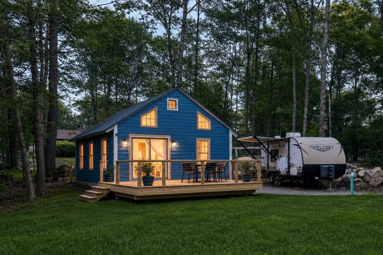 Canterbury lake house — sky-blue siding, wood deck, and wooded lot